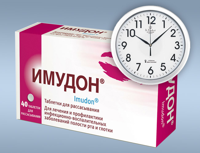 Таблетки Имудон принимают за час-полтора до приема пищи, в день можно принимать не более восьми таблеток, рекомендованный интервал между приемом препарата - один час