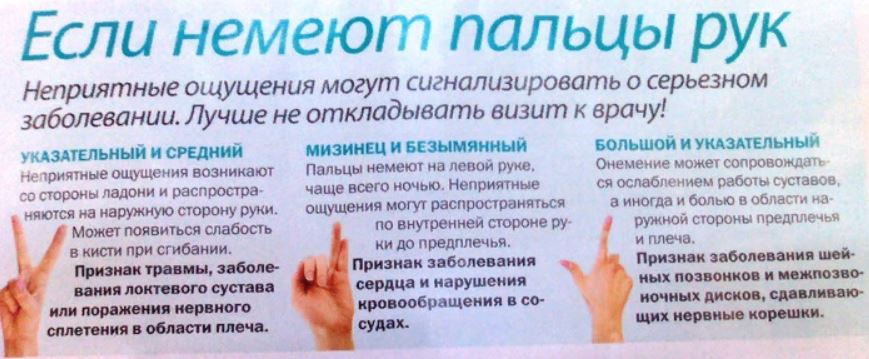 На фото памятка причин и признаков по пальцам, если немеют пальцы рук.