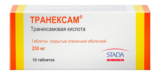 Основное активное вещество в таблетках Транексам – транексамовая кислота, которая за счет своего специфического действия на элементы свертывающей системы крови, увеличивает ее вязкость и, делая более густой, затрудняет дальнейшее вытекание из сосудов