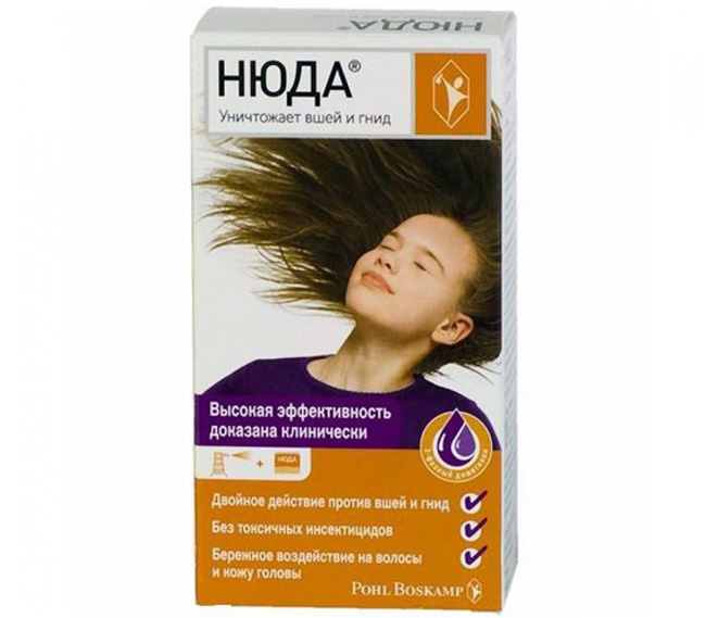 Спрей Нюда, охватывает вшей и гнид воздухонепроницаемой пленкой, лишая их возможности дышать, в результате паразиты погибают
